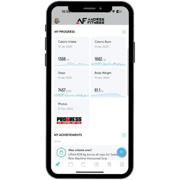 Andres Fitness Trainerize app dashboard showing calorie, weight and steps progress tracking