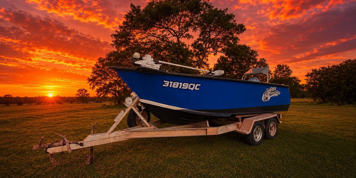 Blue fishing boat on a trailer during a vibrant sunset in a grassy field.