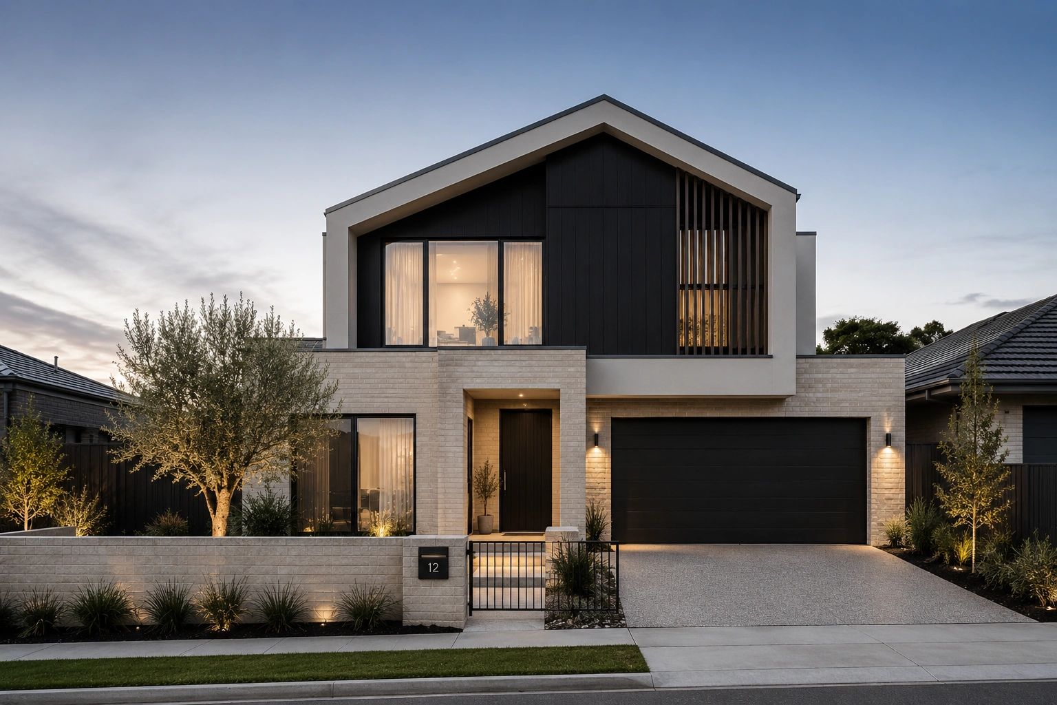 Modern two-story house with sleek design and warm lighting.