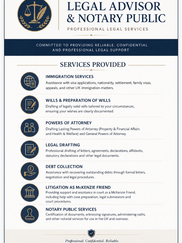 Legal advisor and notary public offering professional legal services and support.