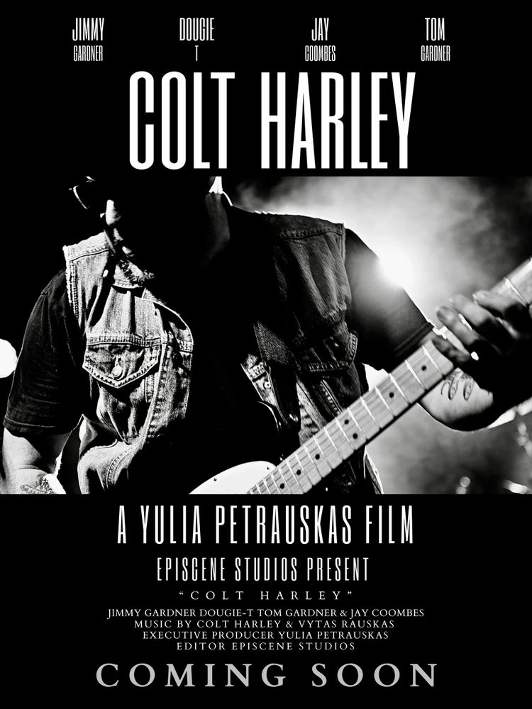 Black and white film poster for "Colt Harley" featuring a musician playing guitar.