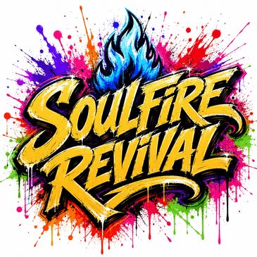 Colorful graffiti-style 'Soulfire Revival' text with blue flame and paint splatters.