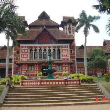 Historic building with fountain and palm trees.