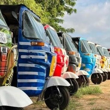 Colorful auto rickshaws lined up outdoors.
