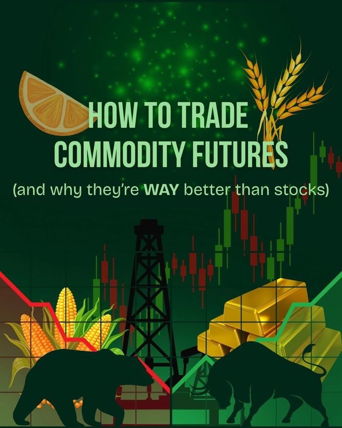 Guide on trading commodity futures with visuals of gold, wheat, oil, and market trends.