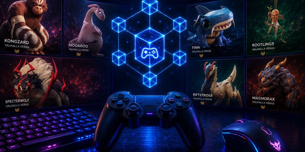 Gaming controller and keyboard with fantasy game creatures on screen.