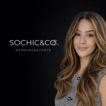 Professional woman posing beside Sochic&Co Wedding & Events logo on black background.