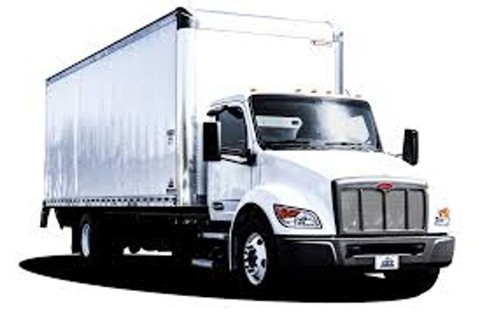 A large white delivery truck with a cargo box.