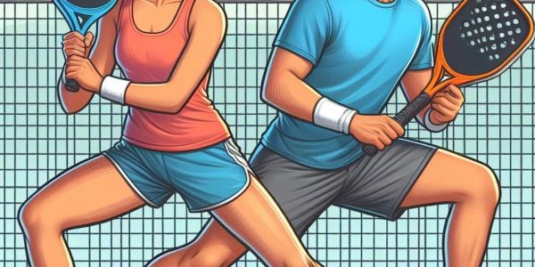 Two people playing paddle tennis on a court.