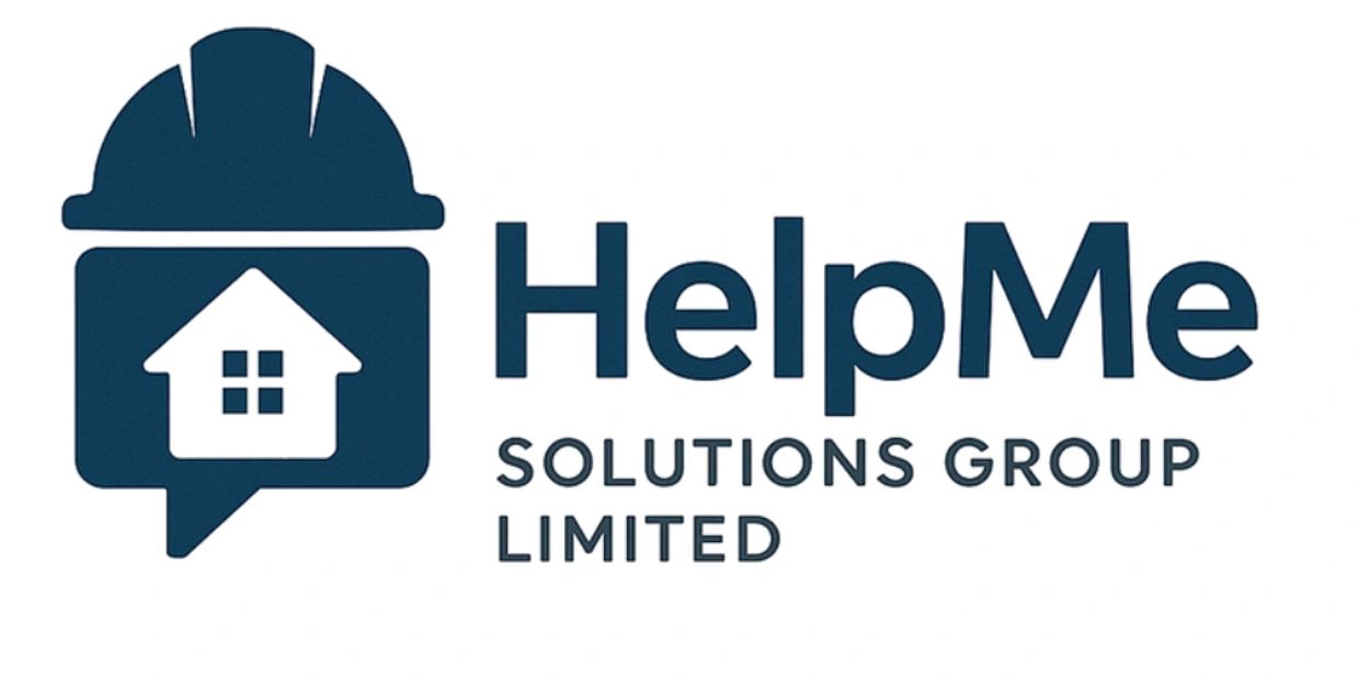Logo of HelpMe Solutions Group Limited with a construction helmet and house icon.