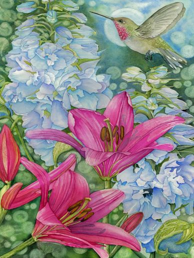 A hummingbird with pink and blue flowers.