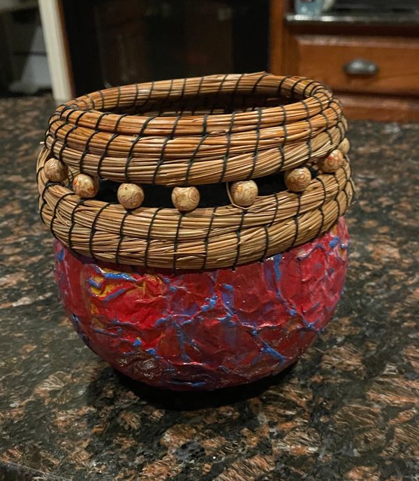 Gourd Bowl with Pine Basket Weaving.