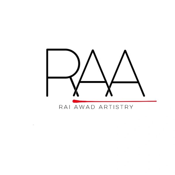 Minimalist logo for Rai Awad Artistry with stylized letters and a red underline.