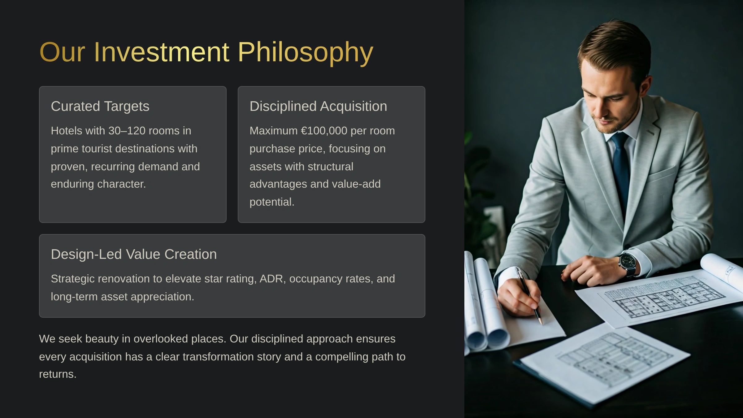 Man in suit reviewing architectural plans with investment philosophy text.