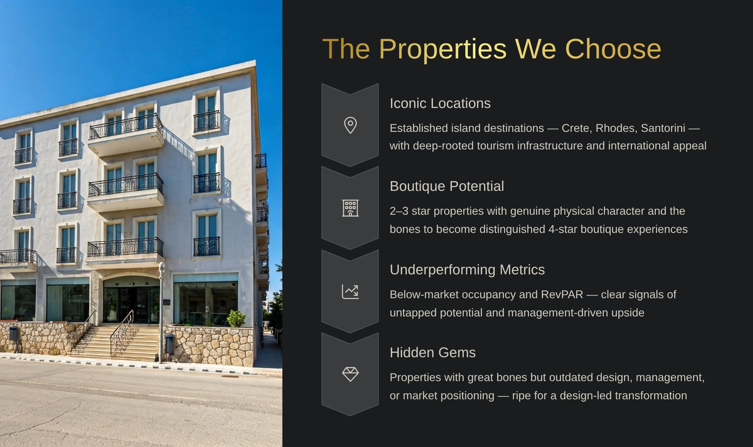 Modern building with key property selection criteria on the side.