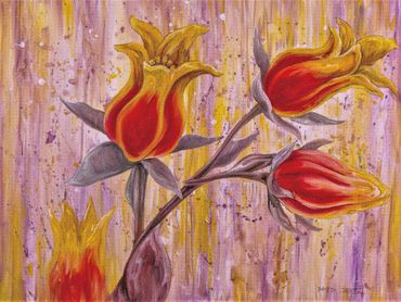 amber fading to golden flowers with stone grey stems/leaves with streaking grey and ochre background