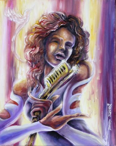 wavy haired, brown toned woman singing into golden microphone with dove flying in purple background 