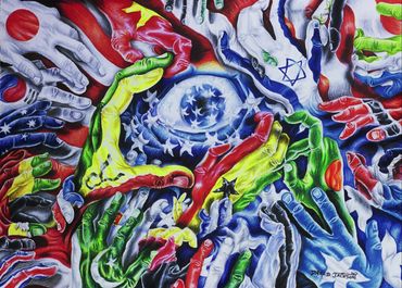 range of hands with different country flags on them reaching toward American US flag  eye