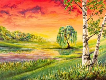 painting of birch tree by lake with sunset 