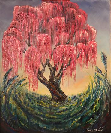 weeping cherry tree with long grass rising like water in tides against blue sky