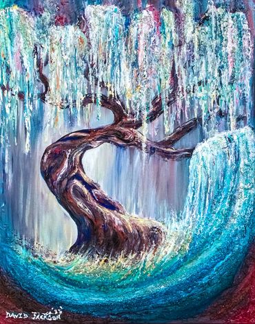 colorful weeping willow dripping in dreary sky with extended tree branch merging into grass