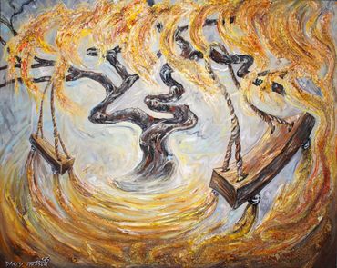 golden weeping willow tree with two wooden swings pendulating with golden ground swooping up