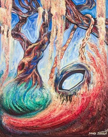 abstract weeping willow tree with rising warm grass which has tire swing connected by thick rope