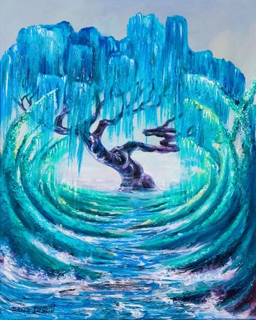 river leading to blue weeping willow with tall grass swooping up blending into cascaded leaves