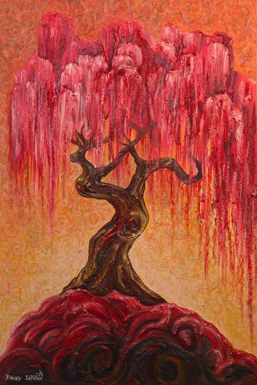 pink weeping willow in golden sunset atop a mound of spiraled leaves