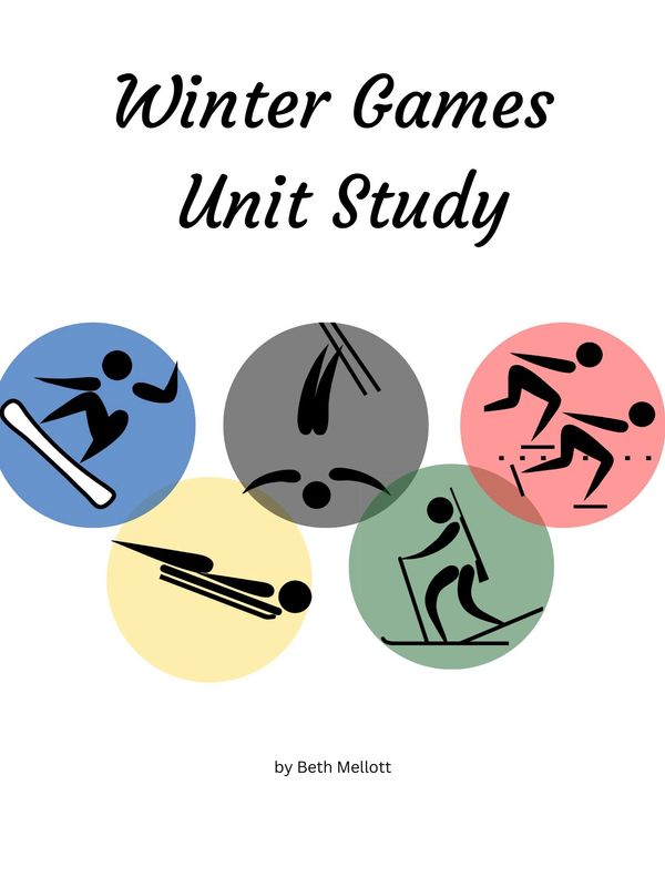 Winter Games Unit Study; 5 colored circles with winter sport icons 