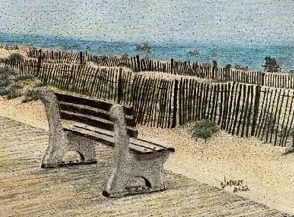 By the Beach-A Good Place to Have a Seat, 2022, pen and ink with colored pencils art