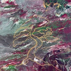 Golden Roots,2025, Fluid Acrylics with Line Drawing on canvas, 36x36"