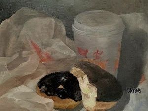 Iconic Coffee and Donuts, 2022, Oil on Canvas, 12x9 in/30.48x22.86 cm