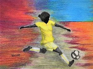 Cultural Art-Ms. Soccer, 2022, stippling-pen and ink with colored pencil works on paper