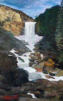 The artist masterfully layers texture and detail, evoking the sound and motion of rushing water.