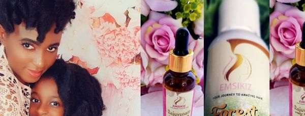 A mother and daughter with natural hair, alongside hair care products for growth and nourishment.