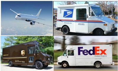 Various delivery vehicles including an airplane, USPS, UPS, and FedEx trucks.
