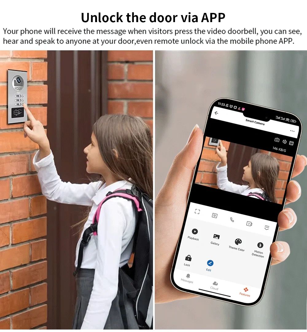 Girl pressing video doorbell with app for remote unlocking.