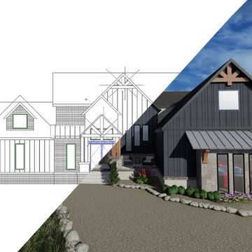 Half architectural drawing, half rendered house design.
