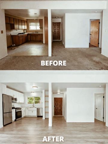 Before and after kitchen and hallway renovation with modern updates.