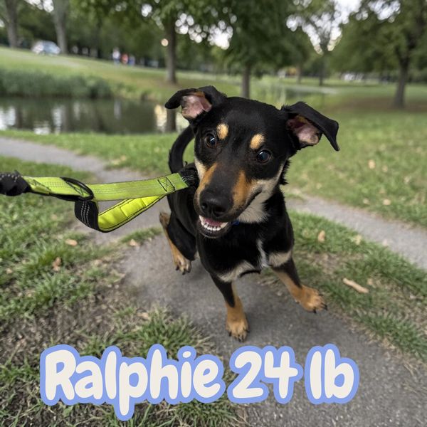 Energetic dog Ralphie happily tugs his neon leash in the park.