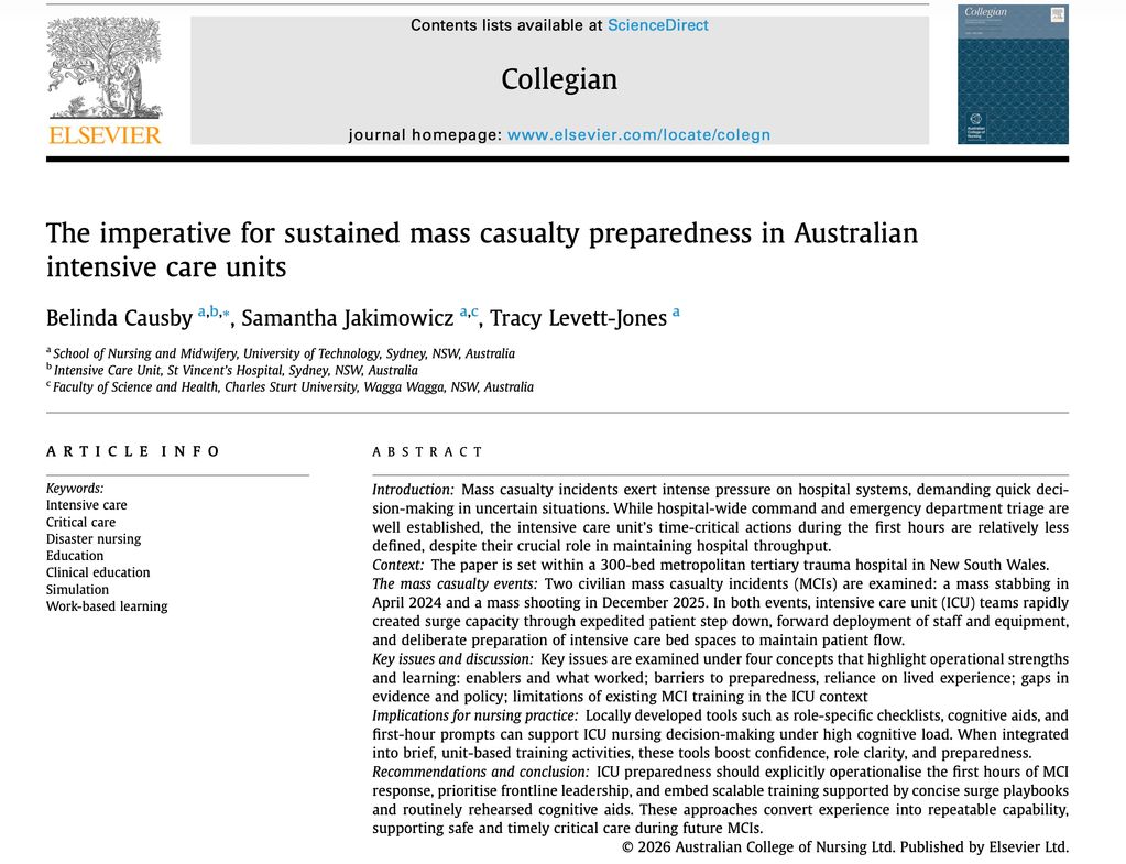 Research article on mass casualty preparedness in Australian intensive care units.