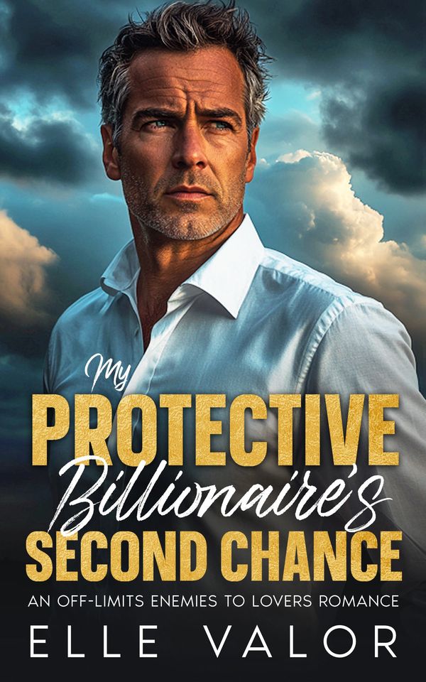 Gorgeous protective billionaire standing in a stormy background, looking out into the camera.