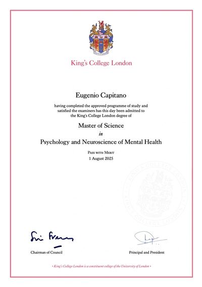 Master of Science degree certificate from King's College London for Psychology and Neuroscience of Mental Health.
