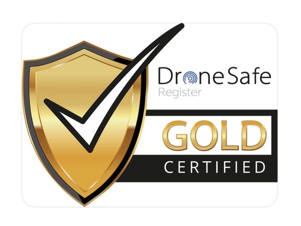 Gold Certified DroneSafe Register badge with shield and checkmark.