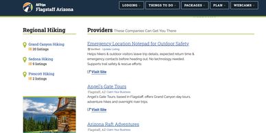 Website screenshot showing Flagstaff Arizona hiking and tour options.