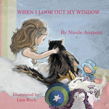 Girl looking out window with cat and toys around.