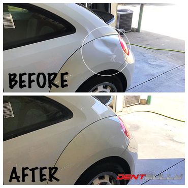 Large dent on the quarter panel of a volkswagen beetle repaired by The Dent Bully