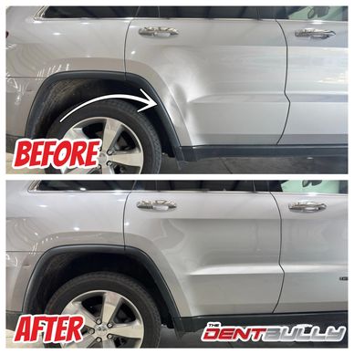 Before and after paintless dent repair of a deer impact dent on a silver Jeep's rear door beside the