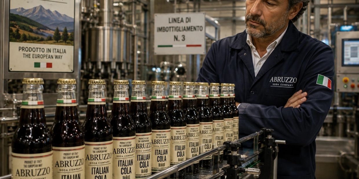 Man inspecting bottles of Abruzzo Italian Cola in a production line.